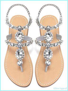 Rhinestone Gladiator Flat Wedding Sandals Leather Rubber Sole Open Toe Buckle